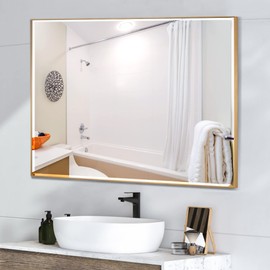 Bonverre 24x36 Inch Orange Gold Rectangle Beveled Mirror for Bathroom, Aluminum Rectangular Vanity Mirror Wall Mounted, Modern Large for Bedroom, Living Room, Horizontal or Vertical