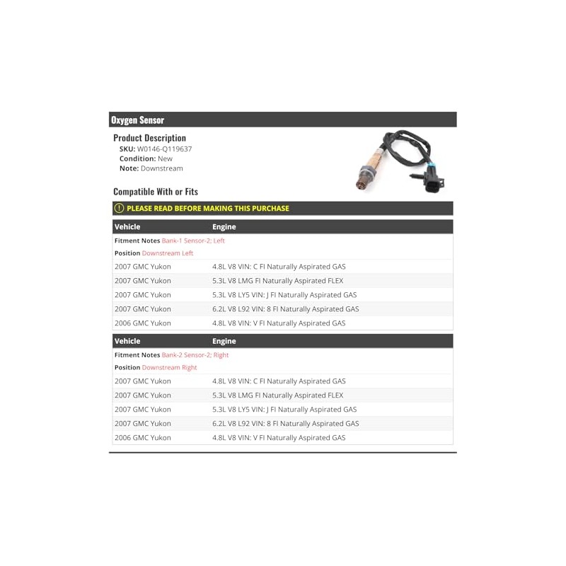 Downstream Oxygen Sensor - Compatible with 2006-2007 GMC Yukon