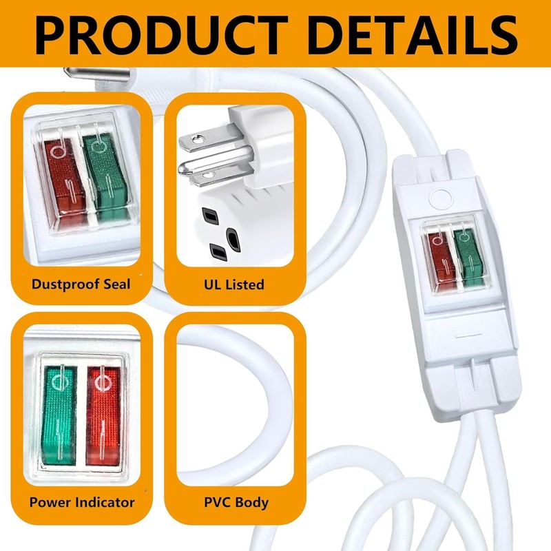 White 2 Way Extension Cord with On/Off LED Switch, Fiabtool