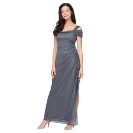 Alex Evenings Women's Long Cold Shoulder Dress, Mother of The Bride, Formal Events Regular Sizes, Smoke Glitter, 6 Petite