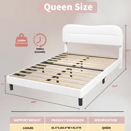Queen Size Upholstered Bed Frame with Headboard, Soft Boucle Fabric Bedframe, Low Profile Sturdy Platform Bed Frame with Soft Rounded Corners, No Box Spring Needed/Sturdy Wooden Slats, White