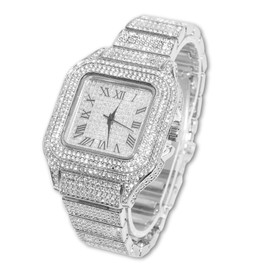 Halukakah Diamonds Gold Watch for Men, Platinum White Gold Plated Quartz Wristband 9.5" Square Dial, Free Giftbox