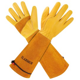 SLARMOR Leather Gardening Gloves for Men and Women - Thorn-Proof for Pruning Roses, with Forearm Protection, Long Cowhide Work Gloves for Garden and Household Tasks, Size XS Yellow