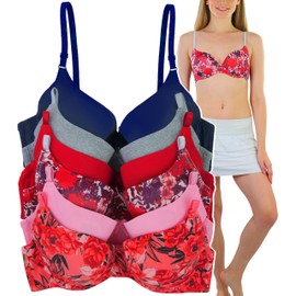 ToBeInStyle Women's Pack of 6 Classic Underwire Supportive Padded Bras - Solid Color & Flower Design Assortment - 34C