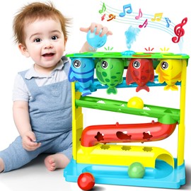 Ball Drop Toy for 1, 2 Years Old Boys & Girls, Interactive Toddler toy with Lights, Music & Water Spray, Montessori STEM Learning Toys for 9-18 Months, Infant Early Development Gift (Blue)