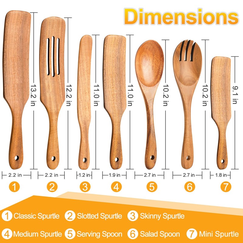 Spurtles Kitchen Tools Wooden, 7Pcs Wooden Spoons for Cooking, Natural