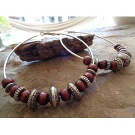 ◦•●◉✿ DUNKELROTE GIGANTISCHE 7,5 CM HOLZ ETHNO BOHO TRIBAL CREOLEN IN ROTBRAUN ✿◉●•◦ auffällige, einmalige Ohrringe mit Acryl und Holz