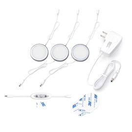 EShine Under Cabinet LED Puck Lights with Dimmer Switch, Dimmable, 3 Pcs, White Round Under Counter Lights for Kitchen, Garage, Office, Desk - Cool White (6000K)