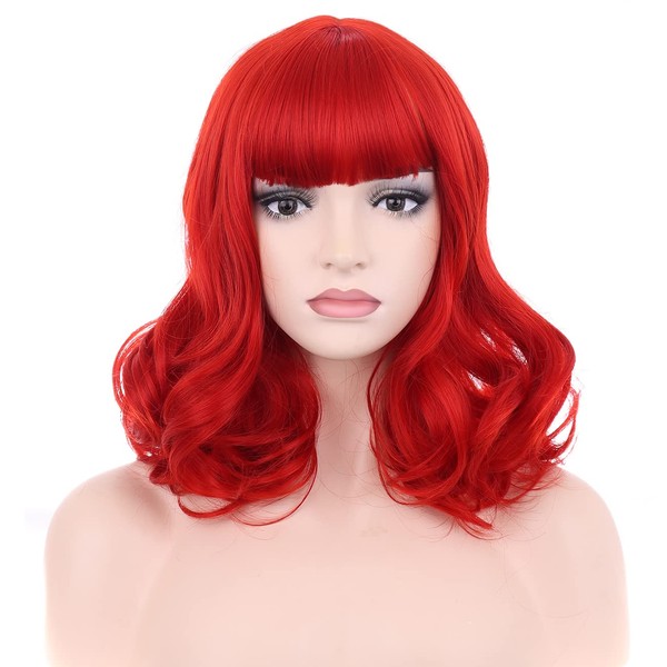BERON 14 Inches Red Wig Women's Red Curly Wig with Bangs Heat Resistant Synthtetic Cosplay Costume Wig (Red)
