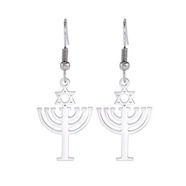 Jewish Religious Star of David Earrings for Women Girls Stainless Steel Chic Retro Israel Candlestick Star of David Drop Earring Hanukkah Jewelry, Stainless Steel, No Gemstone