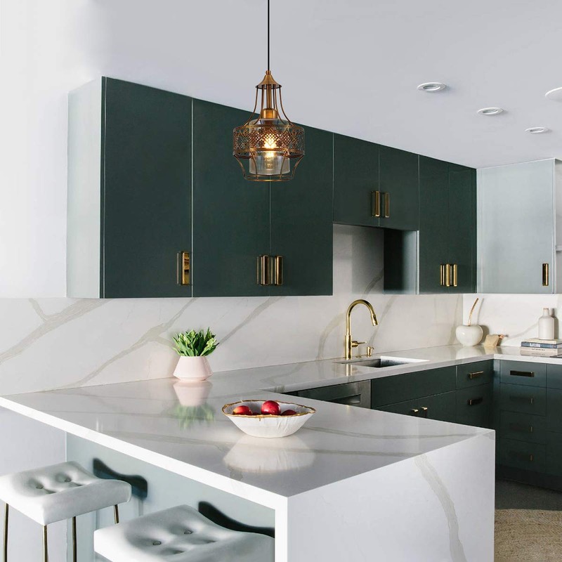 YLONG-ZS Farmhouse Plug in Pendant Light, Glass Hanging Lamp Gold,