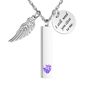 XIUDA Cremation Jewelry for Ashes with Angel Wing Charm Vertical Bar Urn Necklace Stainless Steel Memorial Keepsake Pendant for Women