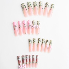 BABALAL Press on Nails Long Square Fake Nails Green Camo French Tip Glue on Nails Star Y2k Acrylic Nails Pink Bow Charm Design False Nails Gold Manicure Stick on Nails 24Pcs Squoval Gel Nails