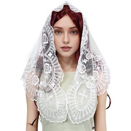 VELUTHERINE Chapel Veils Catholic Mass Mantilla - White First Communion Veil Bridal Veil Lace Rose Sacred Heart Triangle Veil Scarf Latin Mantilla Church Lace With Gift Box