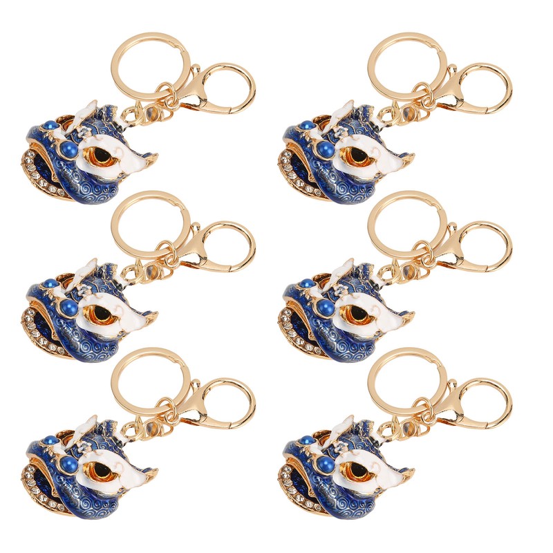 6pcs Lion Dance Keychains Cute Funny Exquisite Metal Rhinestone Chinese