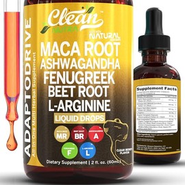 Clean Nutra - Gotas lquidas de raz de maca orgnica con Ashwagandha, fenogreco, raz de remolacha y multivitamnico lquido de L-arginina para mujeres y  