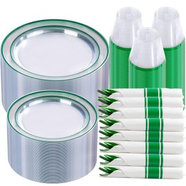 I00000 350 Pcs Green Plastic Dinnerware Set for 50 Guests Include:50 Dinner Clear Green Plastic Plates, 50 Dessert Party Plates, 50 Pre Rolled Napkins with Cutlery Set, 50 Cups for Wedding