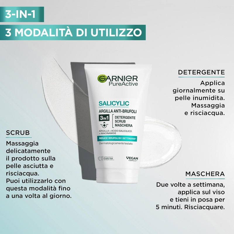 Garnier Maschera 3in1 Argilla, Per Pelli Miste e Con Imperfezioni,