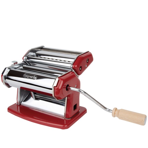 Imperia Pasta Maker Machine, Red, Made in Italy - Heavy Duty Steel Construction w Easy Lock Dial, Wooden Grip Handle for Fresh, Homemade Italian Pasta Noodles, Homemade Cooking or Gift