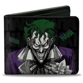 Buckle-Down Men's PU Bifold Wallet-Joker Smiling + Laughing Poses/HAHA Black/Gray/Purple/Green, Multicolor, 4.0" x 3.5"