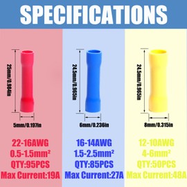 aikoolwer Wire Butt Connectors Assortment Kit Crimper Stripper Crimping Tool 22-10AWG Insulated Electrical Automotive Straight Splice Wiring Crimp Terminals