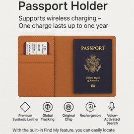 Passport Holder Finder Compatible with Apple Find My – Wireless Rechargeable Tracker – 220mAh Battery – No Subscription – Ultra-Slim, Water-Resistant, Smart Travel Wallet - Brown