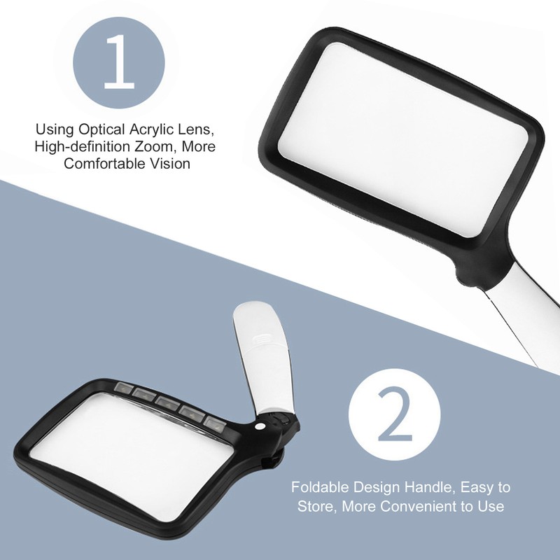 Magnifying Glass Foldable Handheld 5 LED Lights HighDefinition Acrylic Magnifier
