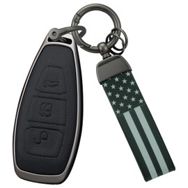 HIBEYO Key Fob Cover Compatible with Ford Focus 3 4 ST Mondeo MK3 MK4 Fiesta Fusion Kuga 2013 2014 2015 2017 Transit Tourneo Smart Key Case Leather&Alloy Material Accessories-B Keychain Black