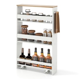 CHEFJOY 4-Tier Slim Rolling Storage Cart, Wooden Kitchen Utility Cart with Wheels & Handle, Space Saving Trolley, Slide Out Shelving Unit for Narrow Spaces, Laundry, Bathroom (White + Natural)