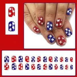 24Pcs Independence Day Press on Nails Short Square,ZIFANHU American Flag Fake Nails Press on Nail Tips Acrylic Nail Kits False Nails Star Glossy Glue on Nails Full Cover Stick on Nails for Women