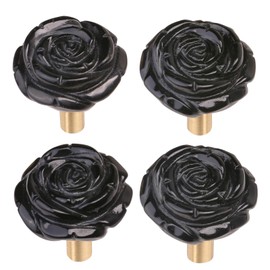 mookaitedecor Set of 4 Natural Black Obsidian Crystal Cabinet Knobs with Screws, Decorative Floral Stone Drawer Pulls for Dresser Door Kitchen