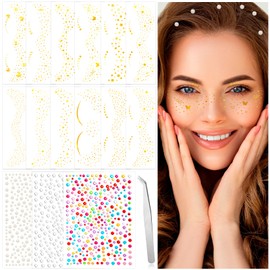 Konsait 15 Sheets Glitter Freckles Face Tattoo Face Gems Stick on, Gold Freckles Tattoo Stickers Face Rhinestones Face Jewels for Women Makeup Accessories for Rave Festival