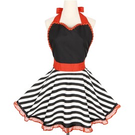 Violet Mist Lovely Retro Kitchen Apron for Women & Girls - Red & Black Striped Vintage French Maid Cooking Apron with Adjustable Waist - Mom Gift