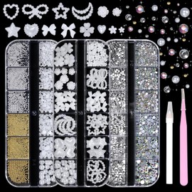 3 Boxes Nail Charms, White Bows Heart Flowers Star Acrylic Nail Art Charms and Nail Gems, Crystal AB Rhinestones Gems Metal Nail Beads, Flatback Nail Art Pearls for Nail Art DIY