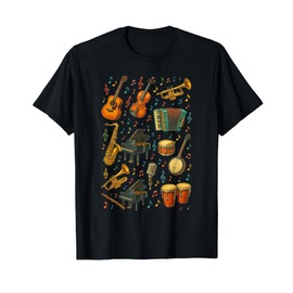 Musical Instruments Guitar Drums Piano Notes Saxophone Flute T-Shirt