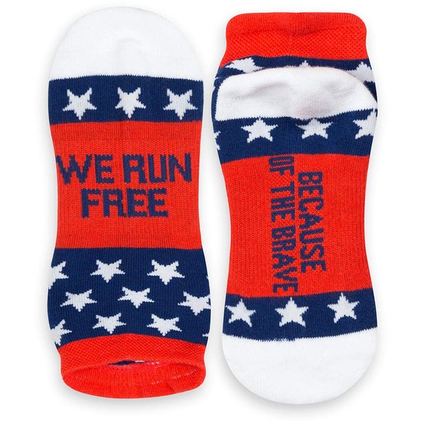Inspirational Athletic Running Socks | Women's Woven Low Cut | Inspirational Slogans | Over 25 Styles (We Run Free (Red/White/Blue))