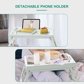 Bed Tray Table for Eating - Bamboo Breakfast Food Table with Phone Tablet Holder - Adjustable Height White Serving Tray with Folding Legs on Lap Sofa - Portable Laptop Snack Platter for Bedroom Picnic