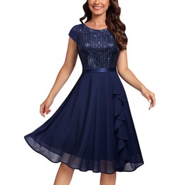 MISSMAY Women's Elegant Glitter Sequins Ruffles Trim Wedding Guest Cocktail Party Fit and Flared Swing Dress (XX-Large, Navy Blue)