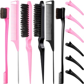 12 Piece Hair Brush Set, Nylon Teasing Hair Brushes, 3 Row Salon Teasing Brush, Double Sided Hair Edge Brush, Smooth Comb Grooming, Rat Tail Combs with Duckbill Clips for Women Girls (Black, Pink)