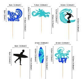 Ercadio - Paquete de 24 adornos para tartas de surf con purpurina azul para tablas de surf y cupcakes deportivas, ideal para surf, baby shower, niños, fiesta de cumpleaños, decoración de pasteles