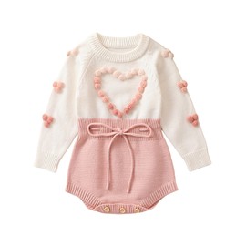 ZZLBUF Baby Girl Knit Romper Infant Toddler Heart/Flower Embroidery Long Sleeve Sweater Romper Bodysuit Clothes (01- Heart Pink, 9-12 Months)