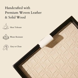 Modern Luxury 16"x11" Woven Leather and Wooden Rectangle Tray - Jewelry Tray, Vanity Tray, Decorative Tray, Catchall Tray, Serving Tray, and for All Occasions by Curated Collectives (Beige, Large)