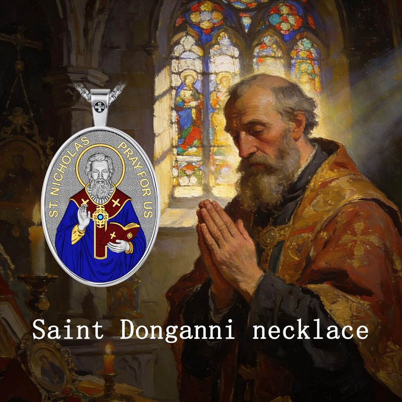 OigvcoTe St Nicholas Necklace Catholic Medal Pendant Enamel for Adults