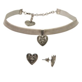 Alpenflüstern SET042 Women’s Traditional Alpine Costume Jewellery Set, Velvet Choker Necklace with Heart Pendant and Heart-Shaped Stud Earrings, Base Metal