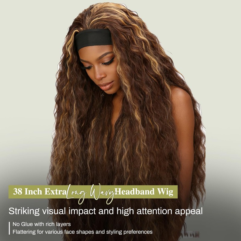 38 Inch Long Wavy Headband Wigs for Black Women Highlight