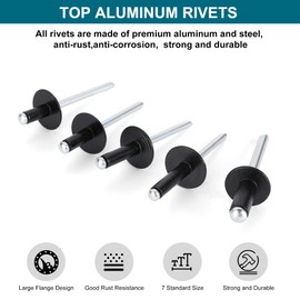 SATANTECH 200PCS Black Rivets Pop Rivets Assortment Kit, Large flange Aluminum Rivets(1/8" 3/16" 1/4") Assorted Blind Rivets with Case