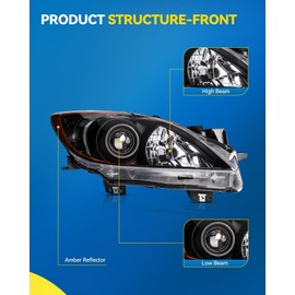 PHILTOP Headlight Assembly for 2010 2011 2012 2013 Mazda 3, Black Housing with Clear Lens and Reflector, Driver and Passenger Side Pair