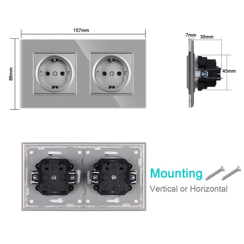JIMEIDA Double Socket Glass 2 Compartments, 16 Amp Tempered Glass