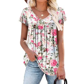 Womens Ruffle Short Sleeve Tunic Tops V Neck Loose Fit Pink Flower Summer Tops M
