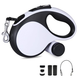 26Ft Retractable Dog Leash with Chew Proof Cable,Heavy Duty Dog Leash with Removable Poop Bags for Medium Large Dogs up to 110lbs,Strong Nylon Tape No Tangle,One-Handed Brake (White)